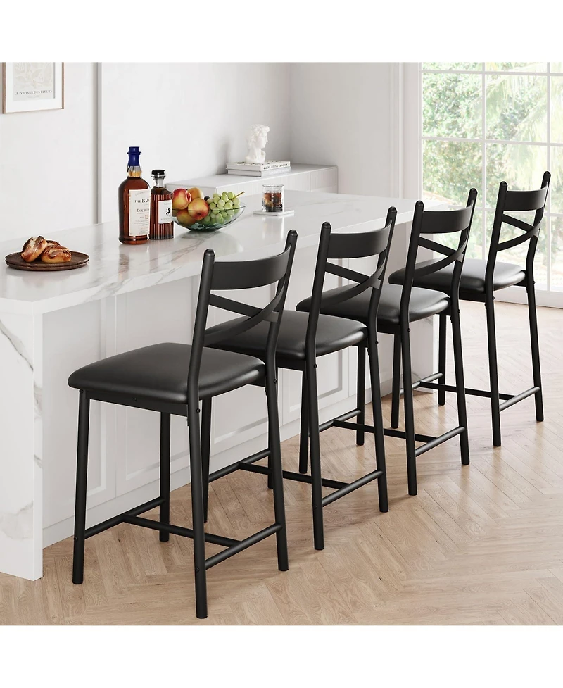 homfan Set of 2 Bar Stools Counter Height Pu Upholstered Seat Metal Frame Kitchen Bar Chairs with X-Design Back and Footrest for Island Counter