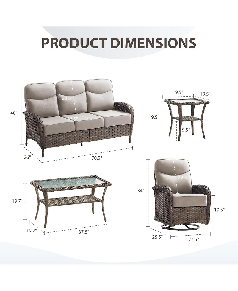 Bellefurn 5-Piece Outdoor Garden Wicker Crescent High Backrest Conversation Set with Coffee Table and 6" Cushion
