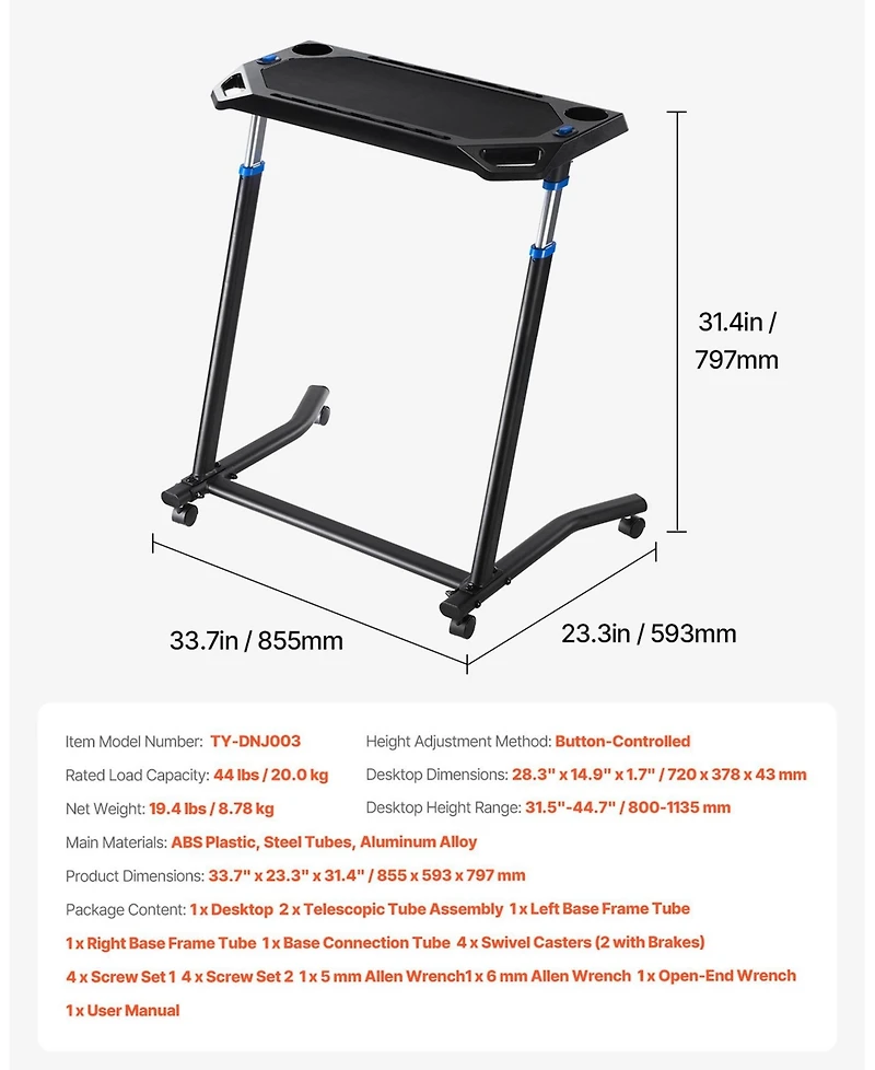Sevorley Mobile Foldable Cycling Desk, 8-Level Height-Adjustable Bike and Treadmill Workstation with Wheels