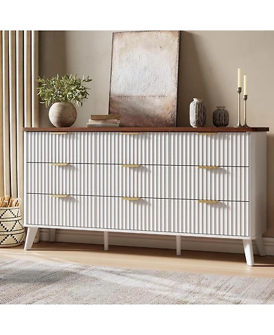 homfan Fluted 9-Drawer Dresser Chest, 60.6 Inch Modern Storage Cabinet with Deep Drawers, Multi-Purpose Tv Stand Organizer for Bedroom, Living Room