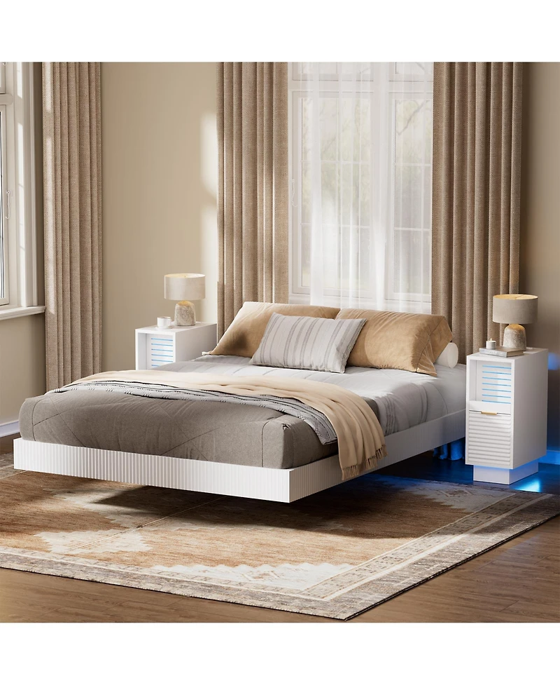 Hausource Fluted 2-Piece Modern Nightstand Set with Led Lights and Usb-c Charging