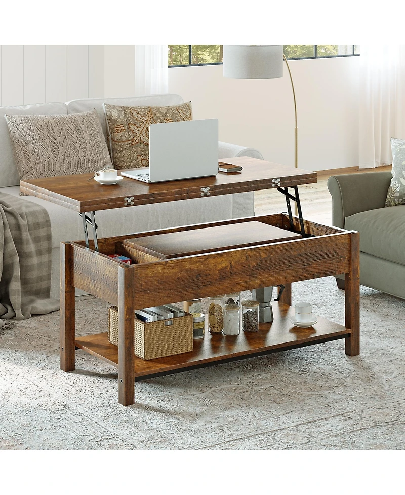 Hausource Lift Top Coffee Table with Dual Design, Hidden Storage and Open Shelf