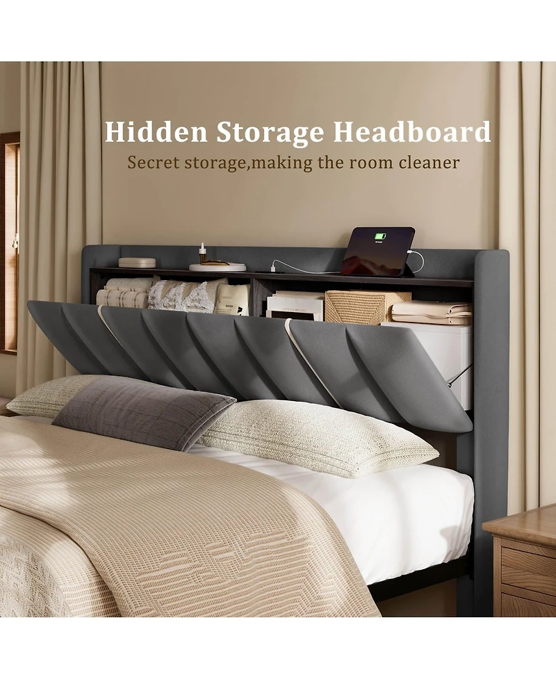 Hausource Upholstered Bed, Open Storage Headboard with Charging Ports, 2 Bed Base Drawers, No Box Spring Needed