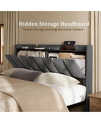 Hausource Upholstered Bed, Open Storage Headboard with Charging Ports, 2 Bed Base Drawers, No Box Spring Needed