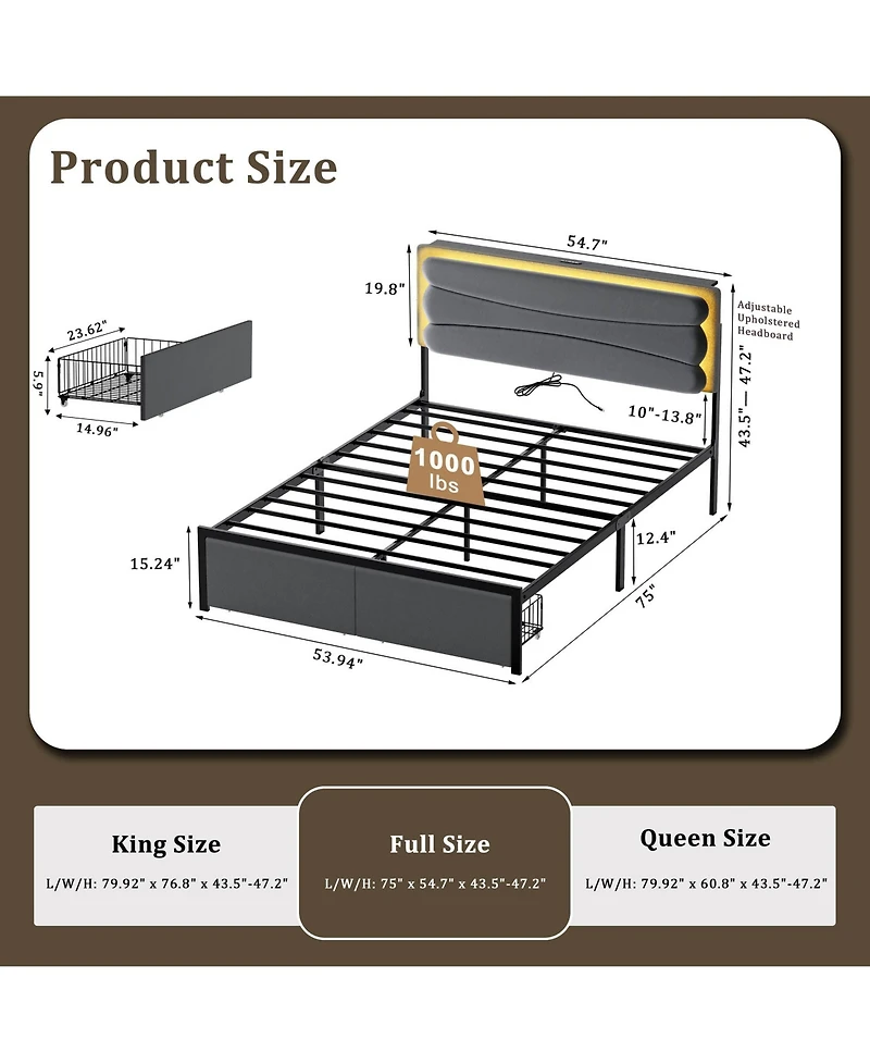 Hausource Velvet Upholstered Bed, Adjustable Height Headboard, 2 Storage Drawers, Led Light and Charging Ports