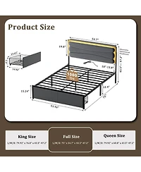 Hausource Velvet Upholstered Bed, Adjustable Height Headboard, 2 Storage Drawers, Led Light and Charging Ports