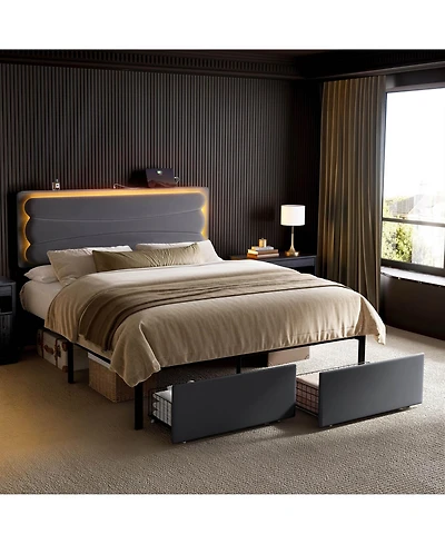 Hausource Velvet Upholstered Bed, Adjustable Height Headboard, 2 Storage Drawers, Led Light and Charging Ports