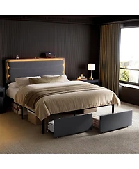 Hausource Velvet Upholstered Bed, Adjustable Height Headboard, 2 Storage Drawers, Led Light and Charging Ports