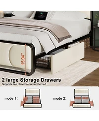 Hausource Curved Tufted Velvet Platform Bed, 4-Way Placeable Underbed Drawers, Bedside Charging Station