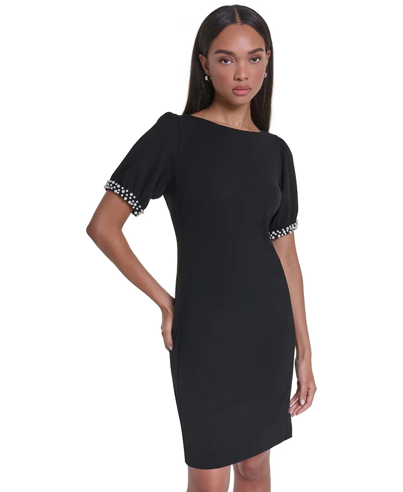 Karl Lagerfeld Paris Women's Boat Neck Sheath Dress With Pearl Sleeve Cuff