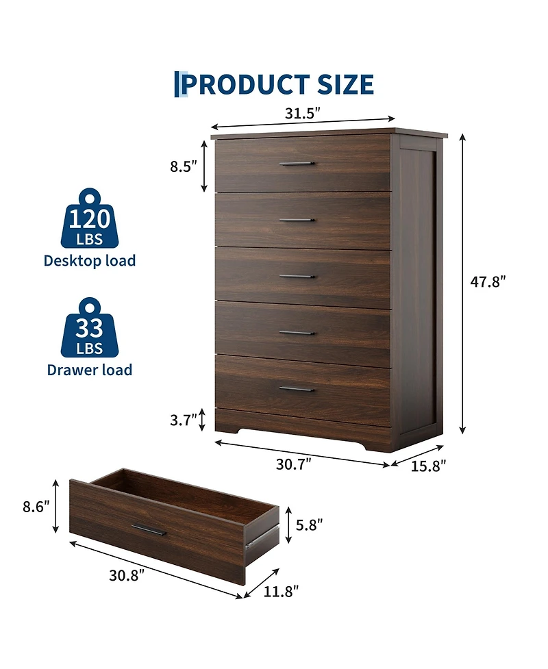 Gaomon 2 Set of 5 Drawer Dresser for Bedroom, 47" Tall Chest Drawers, Modern with Metal Handles, Storage Organizer.