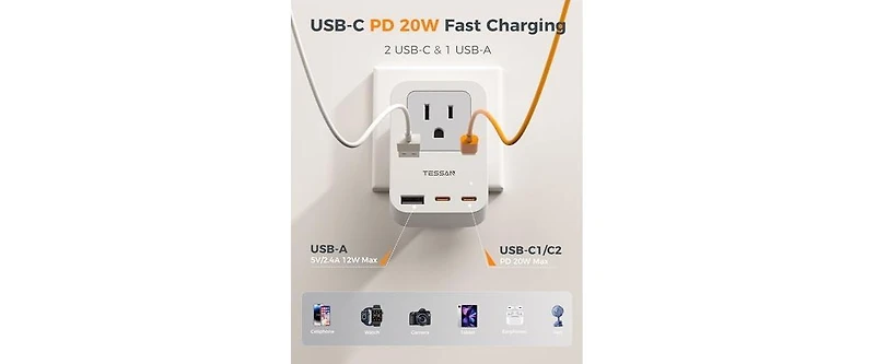 Tessan Cell Phone Charging Accessory with 20W, 2 Usb C, 1 outlet for Home, Office and Travel