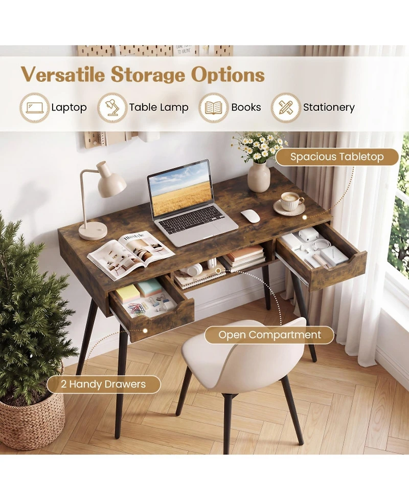 Sugift 42.5-Inch Mid-Century Writing Desk with Metal Legs and Drawers