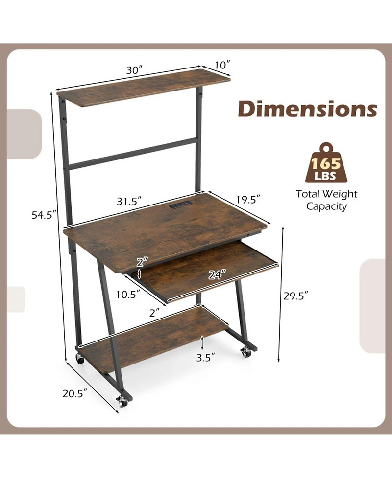 Sugift Small Rolling Computer Desk with Charging Station and Led Lights