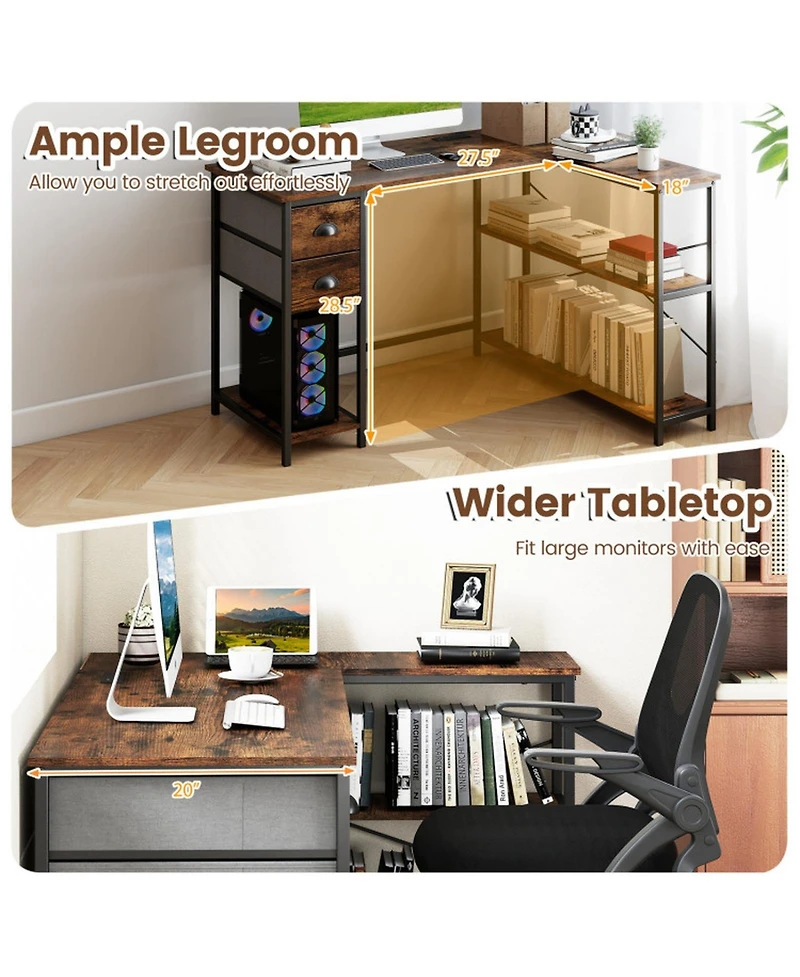 Sugift L-Shaped Corner Computer Desk with Charging Station and 2 Fabric Drawers