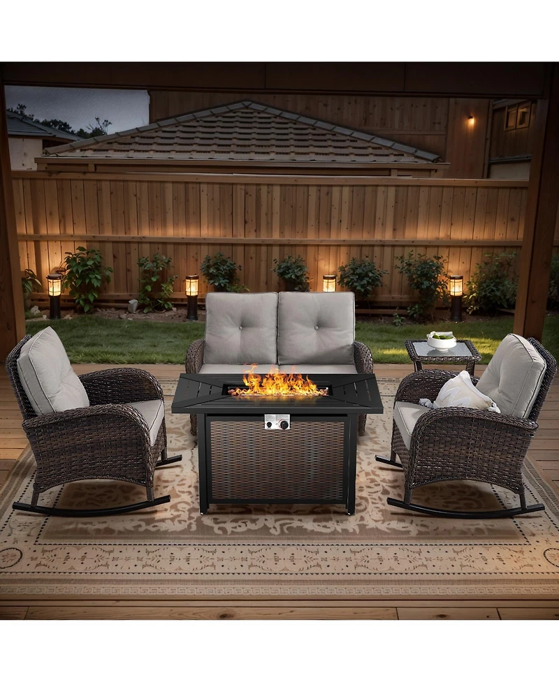 Bellefurn 5-Piece Outdoor Wicker Fire Pit Conversation Set for Cozy Backyard Evenings with Glider Loveseat and Rocking Chairs