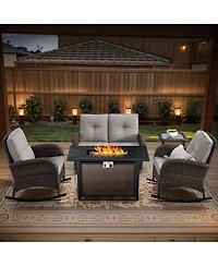 Bellefurn 5-Piece Outdoor Wicker Fire Pit Conversation Set for Cozy Backyard Evenings with Glider Loveseat and Rocking Chairs