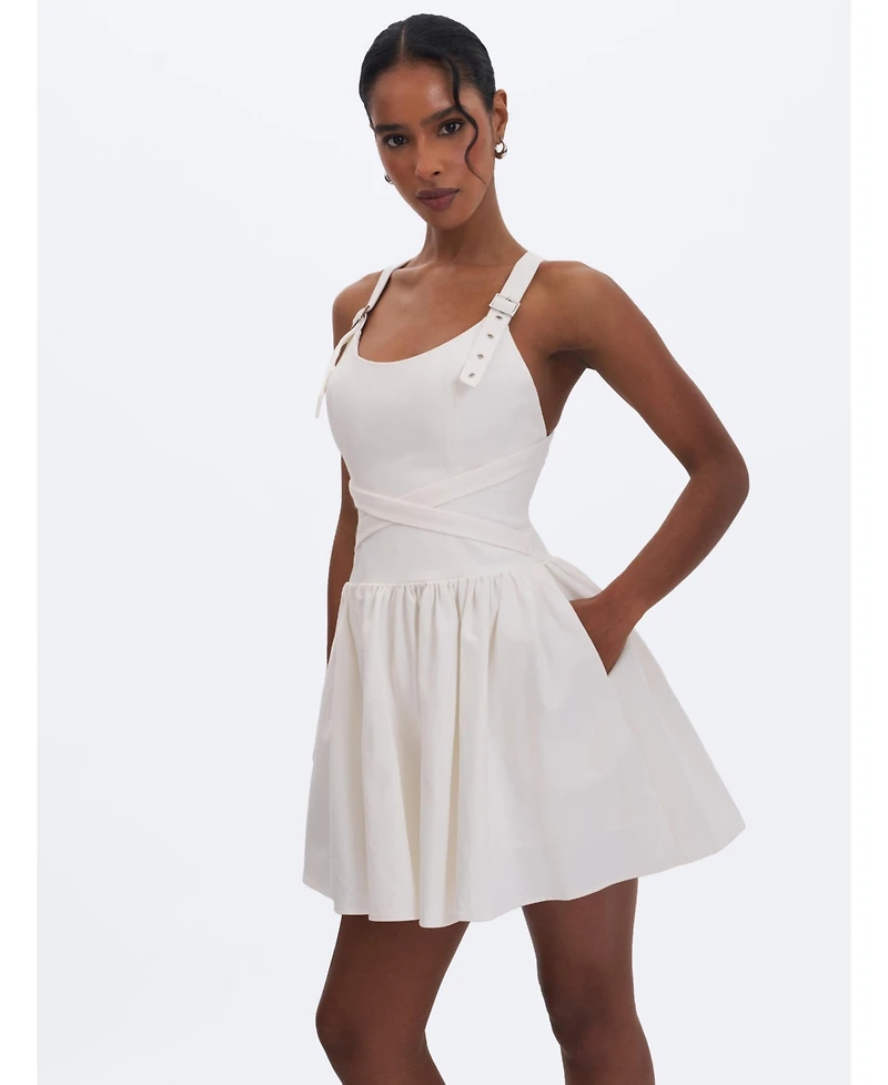 Miss Circle Women's Francine White Cotton Denim Crossover Strap Mini Dress
