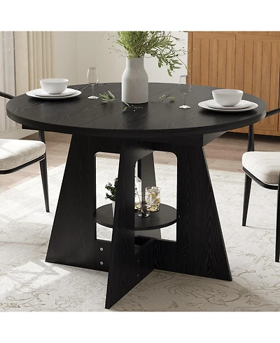 Round Dining Table with Lower Storage Rack, Kitchen Table Featuring Thick Mdf Tabletop, Anti-Scratch Surface and Cross Base to Accommodate Four People