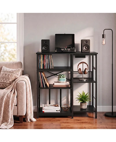 31.5 x 15.7 x 33 Inch Record Player Stand with Vinyl Storage, Turntable Table with Charging Station for Living Room, Black/Brown