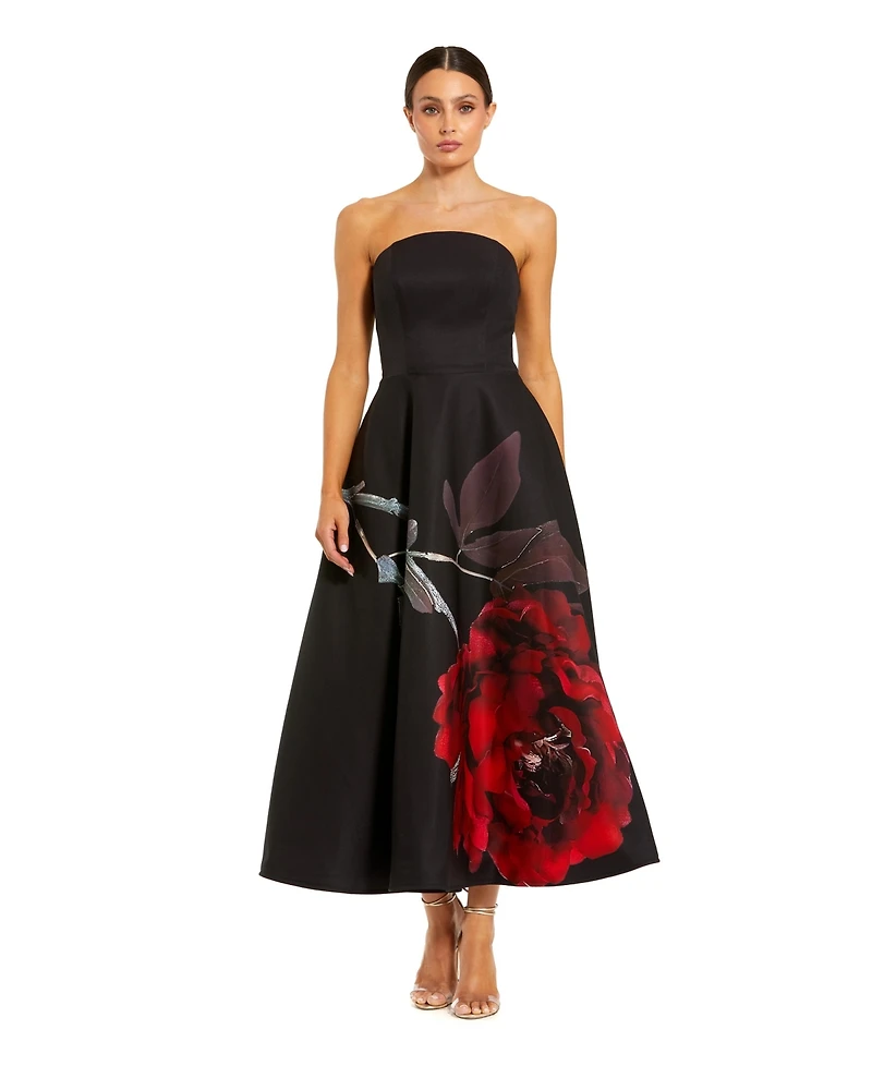 Mac Duggal Petite Strapless Crepe Floral Print A-Line Midi Dress with Pockets