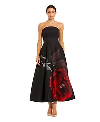 Mac Duggal Petite Strapless Crepe Floral Print A-Line Midi Dress with Pockets