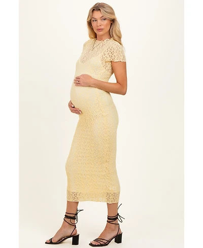 Pinkblush Women's Yellow Sheer Lace Overlay Short Sleeve Midi Dress