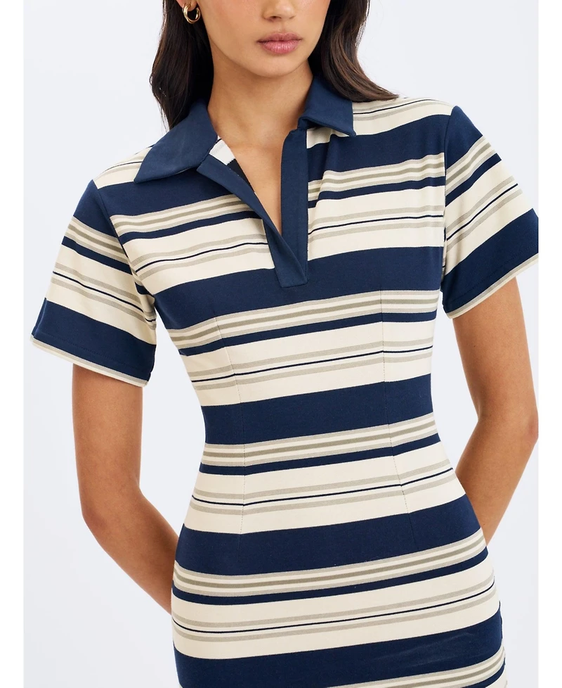 Miss Circle Women's Whitley Navy and Ivory Pique Cotton Striped Collared Mini Dress