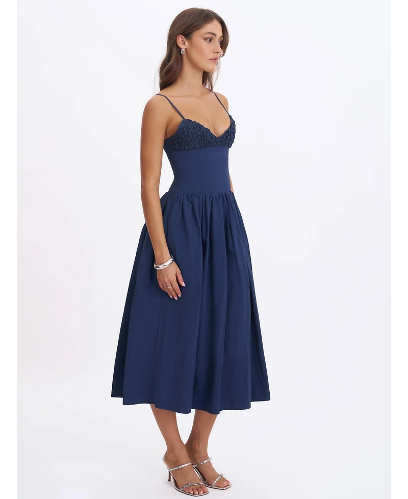Miss Circle Women's Ailani Navy Taffeta Smocked Midi Dress