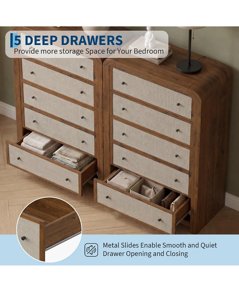 5 Tall Drawer Dresser for Bedroom, Modern Chest of Drawers, Linen Drawer Fronts, Anti-Tip Kit, Sturdy Storage Organizer for Living Room, Entryway
