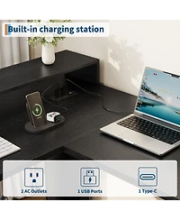 L-Shaped Executive Desk, 63" Corner Computer Desk with 4 File Drawers, Monitor Stand, Built-in Power Outlets, Workspace Organization