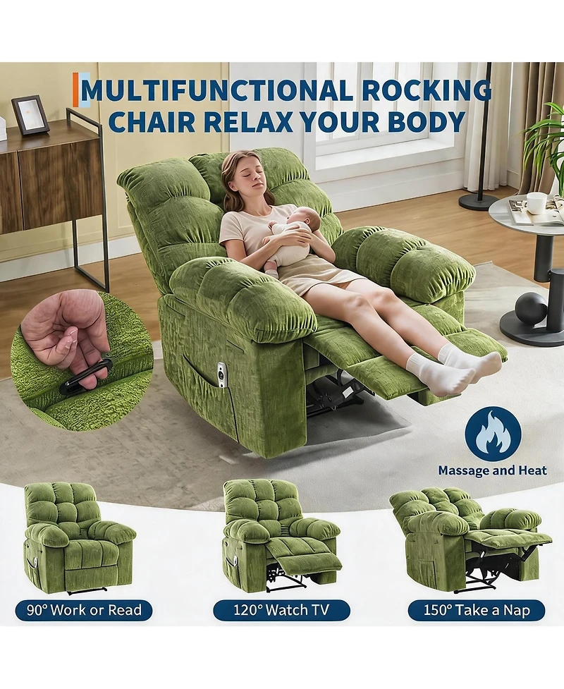 30x26x20 In Rocking Chair with Chenille Upholstery, Iron Frame Lounge Sofa for Living Room Bedroom Reading Relaxation, Green/Grey/Beige