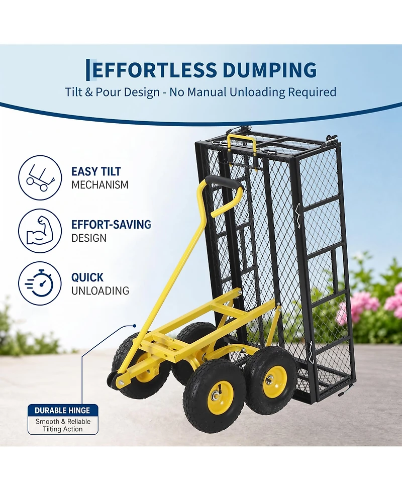 43x20x22 in Steel Garden Dump Cart, Yard Wagon with Removable Sides, 180 Degree Swivel Handle, 10 in Tires, for Backyard Patio, Green/Yellow