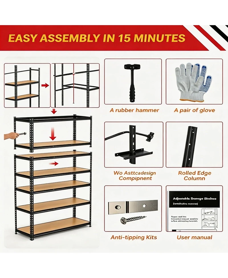 5-Tier Storage Shelving Unit, Carbon Steel Frame with Engineered Wood Shelves for Garage Basement Pantry Organization, Black