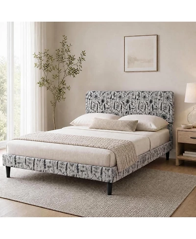 Queen/Full Upholstered Bed Frame with Floral Pattern Headboard, Flannel Fabric Engineered Wood Platform Bed for Bedroom