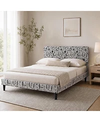 Queen/Full Upholstered Bed Frame with Floral Pattern Headboard, Flannel Fabric Engineered Wood Platform Bed for Bedroom