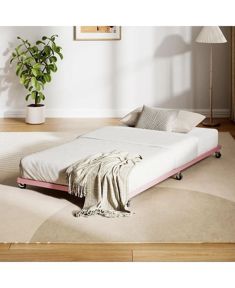 Twin Metal Sofa Bed with Pull Out Lower Bed, Led Light Daybed Frame for Kids Bedroom Living Room Guest Room, Pink/Black