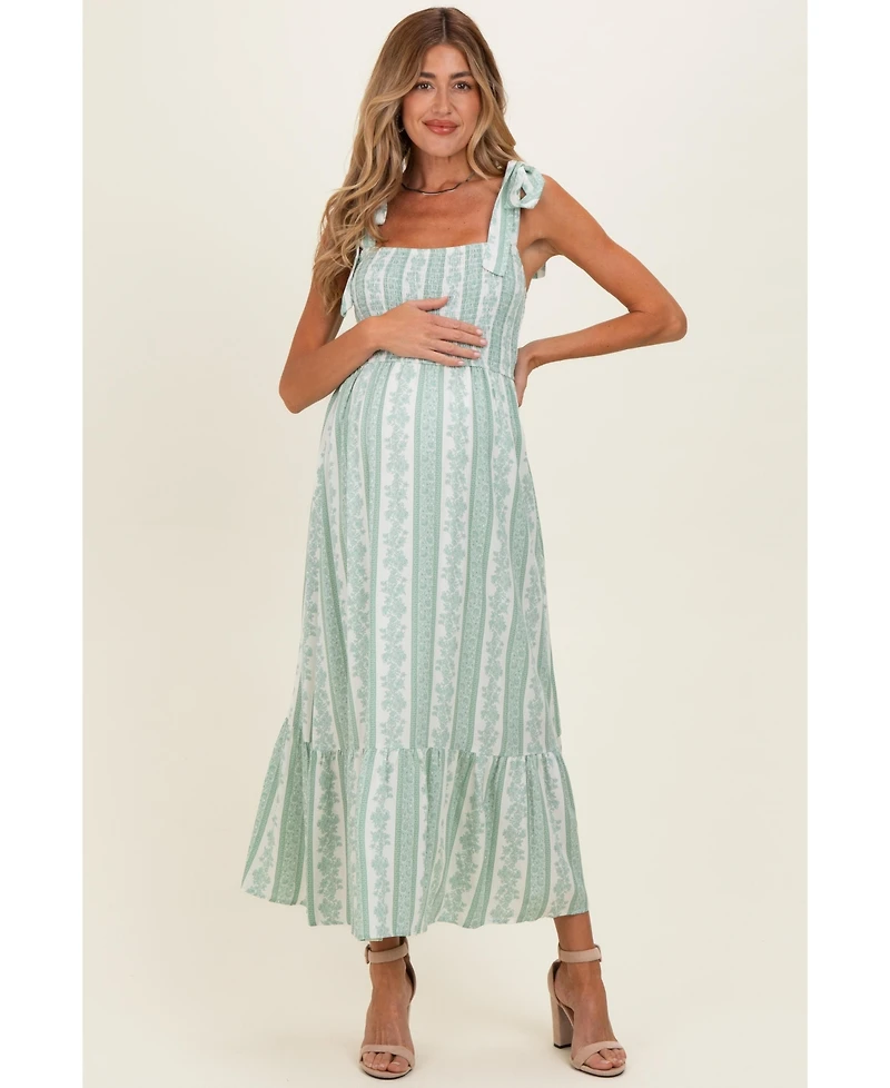 Pinkblush Women's Sage Floral Stripe Smocked Shoulder Tie Midi Dress