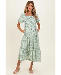 Pinkblush Women's Green Floral Smocked Short Sleeve Midi Dress