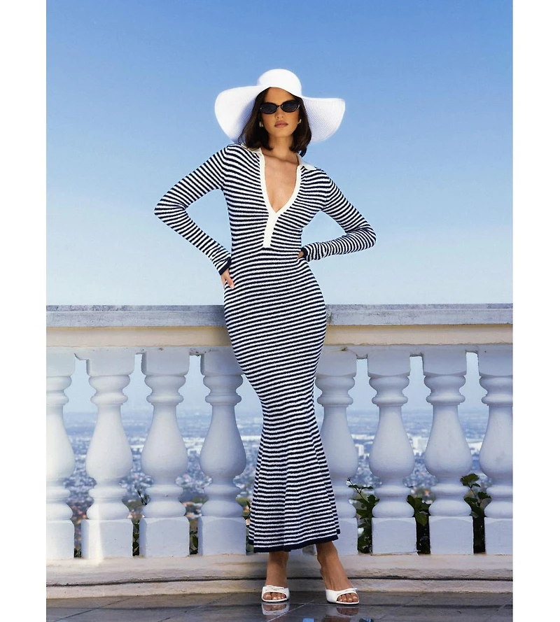 Miss Circle Women's Xelie Navy and White Cotton Terry Knit Mermaid Maxi Dress