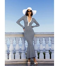 Miss Circle Women's Xelie Navy and White Cotton Terry Knit Mermaid Maxi Dress