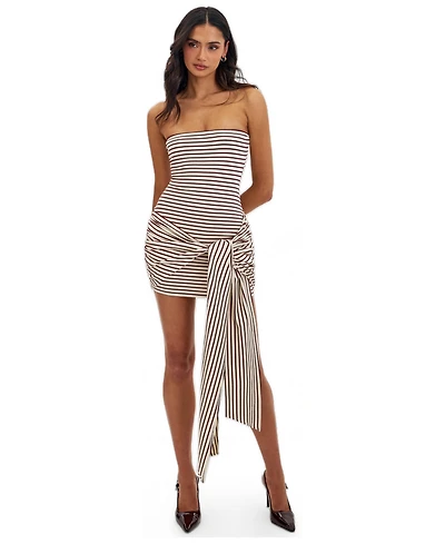Miss Circle Women's Tommie Ivory and Burgundy Lyocell Jersey Tie Strap Mini Dress