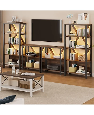 4/3 Tier Bookshelf with Led Light Strip, Iron Frame Open Bookcase, Storage Display Shelf for Living Room Bedroom Home Office, Grey/Brown