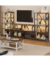 4/3 Tier Bookshelf with Led Light Strip, Iron Frame Open Bookcase, Storage Display Shelf for Living Room Bedroom Home Office, Grey/Brown
