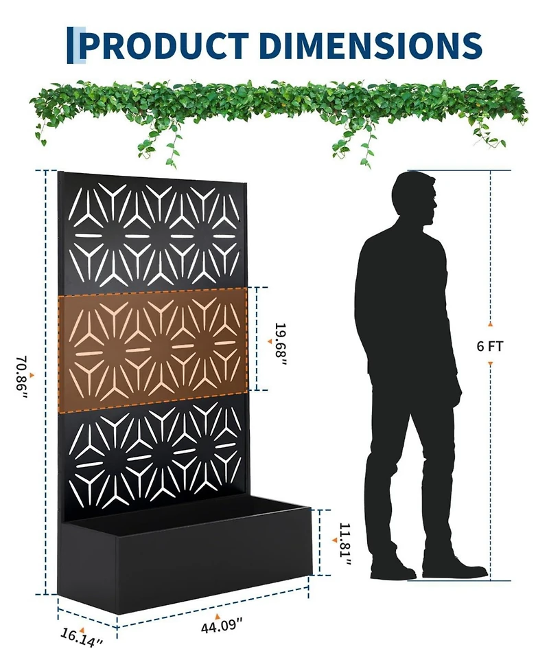 44 x 71 16 Steel Privacy Screen Planter Box, Decorative Metal Plant Holder for Backyard Patio Garden, Black