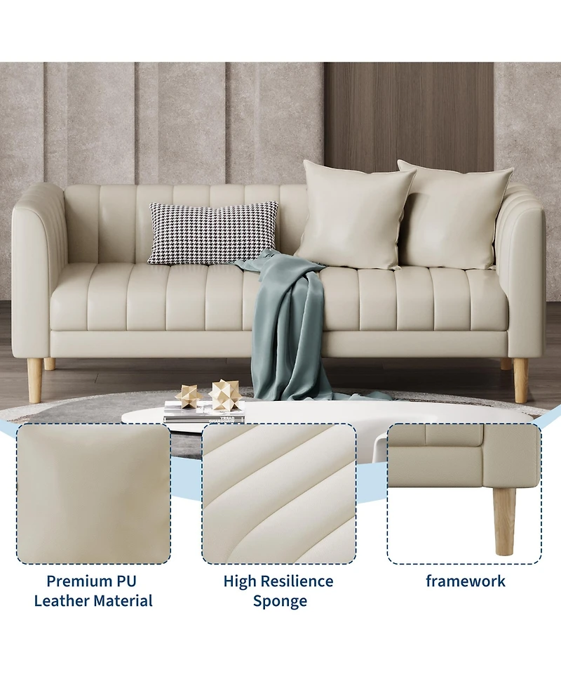 83"W 3-Seater Sofa with Tufted Back, Faux Leather Upholstered Couch with Engineered Wood Frame for Living Room, Apartment, Cream White