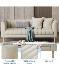 83"W 3-Seater Sofa with Tufted Back, Faux Leather Upholstered Couch with Engineered Wood Frame for Living Room, Apartment, Cream White