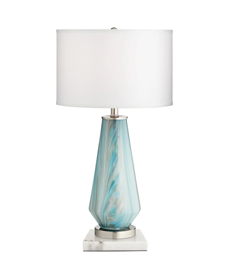 Possini Euro Design Jaime Modern Table Lamp with Square White Marble Riser 26" High Blue Gray Art Glass Drum Shade for Bedroom Living Room Bedside