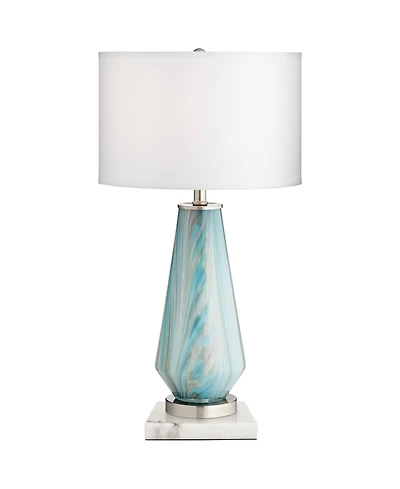Possini Euro Design Jaime Modern Table Lamp with Square White Marble Riser 26" High Blue Gray Art Glass Drum Shade for Bedroom Living Room Bedside