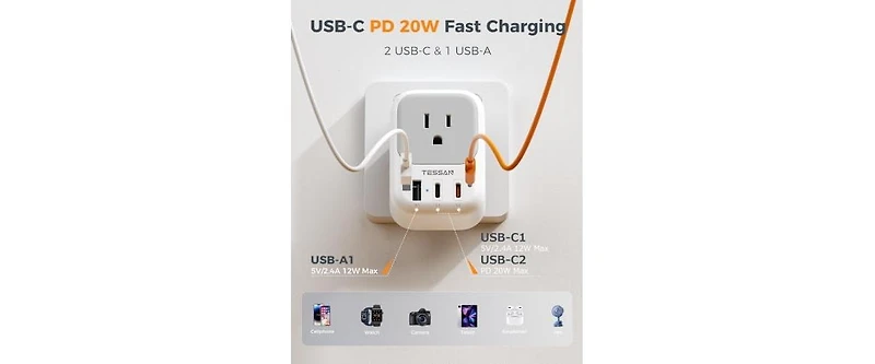Tessan Cell Phone Charging Accessory with 20W, 4 Outlets, 2 Usb-c for Home, Office and Travel